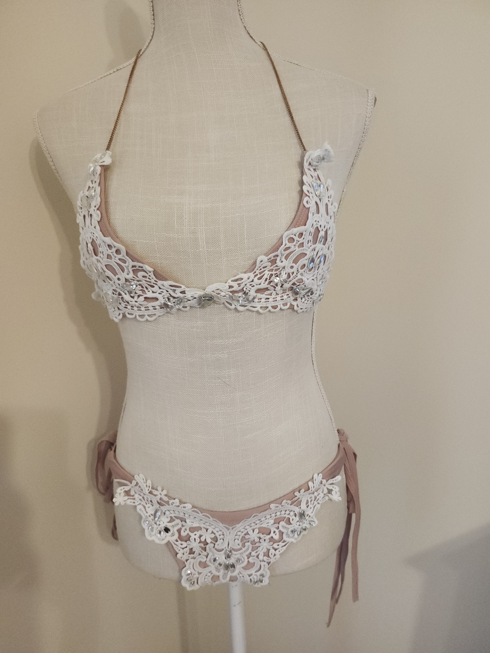 Blush Bikini Set with White Lace Appliqué